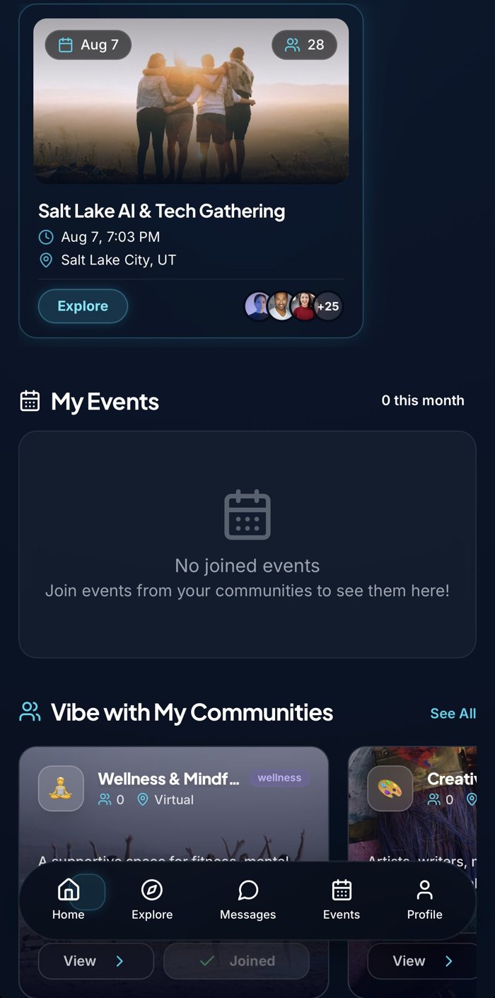 SameVibe upcoming group events screen