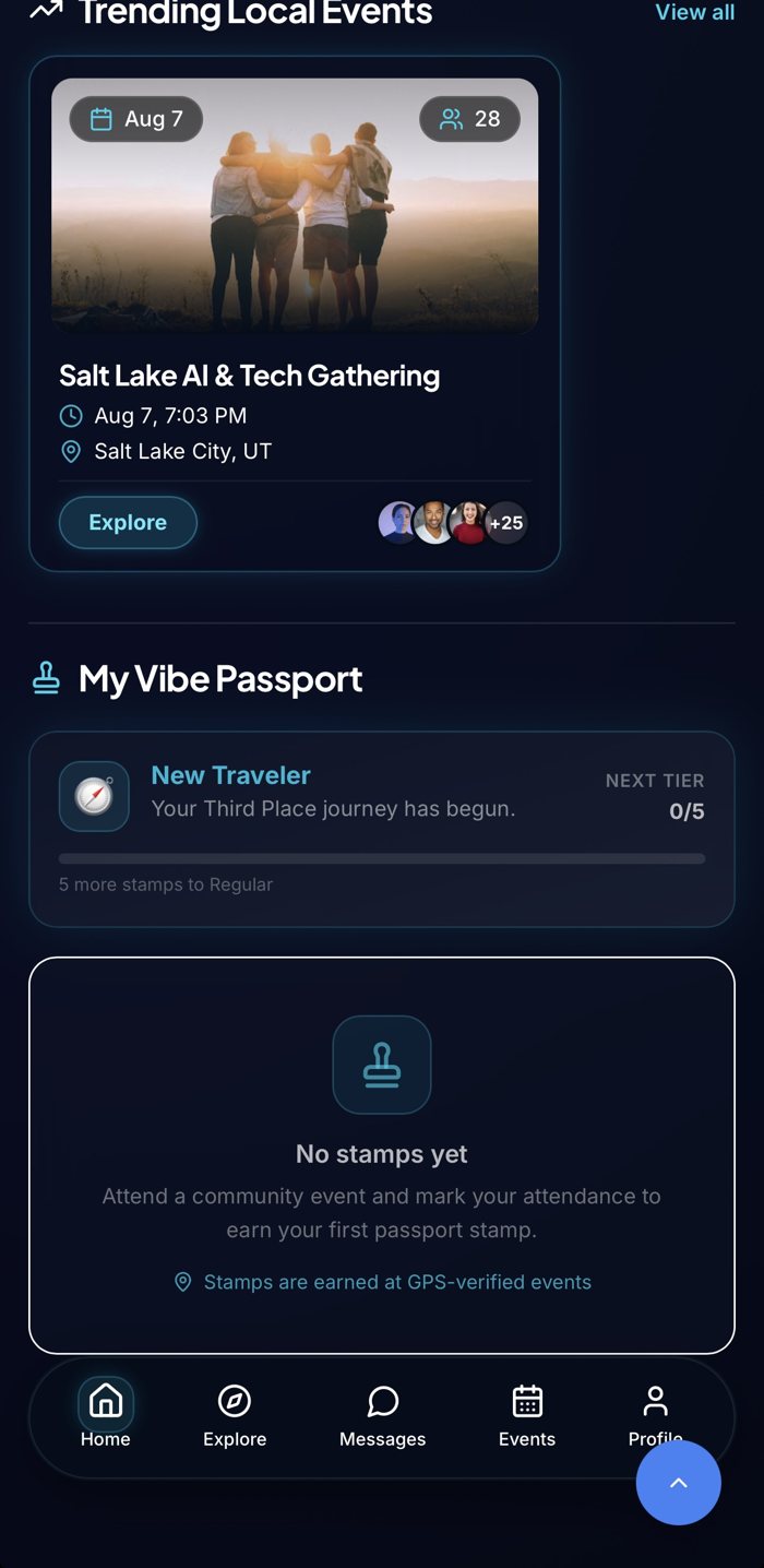 SameVibe trending events and Vibe Passport screen
